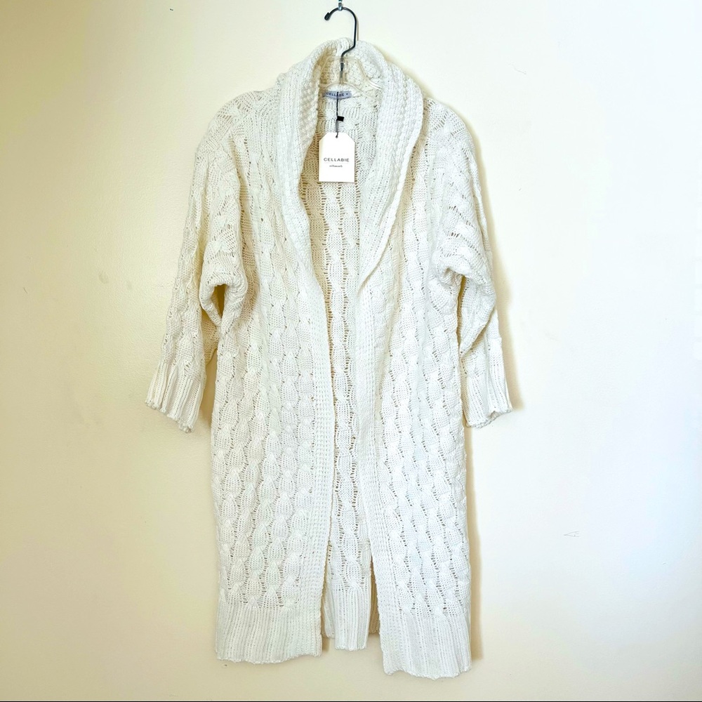 NWT Cellabie Vetements Chunky Knit Open Drape Hoodie Cardigan Sweater Ivory